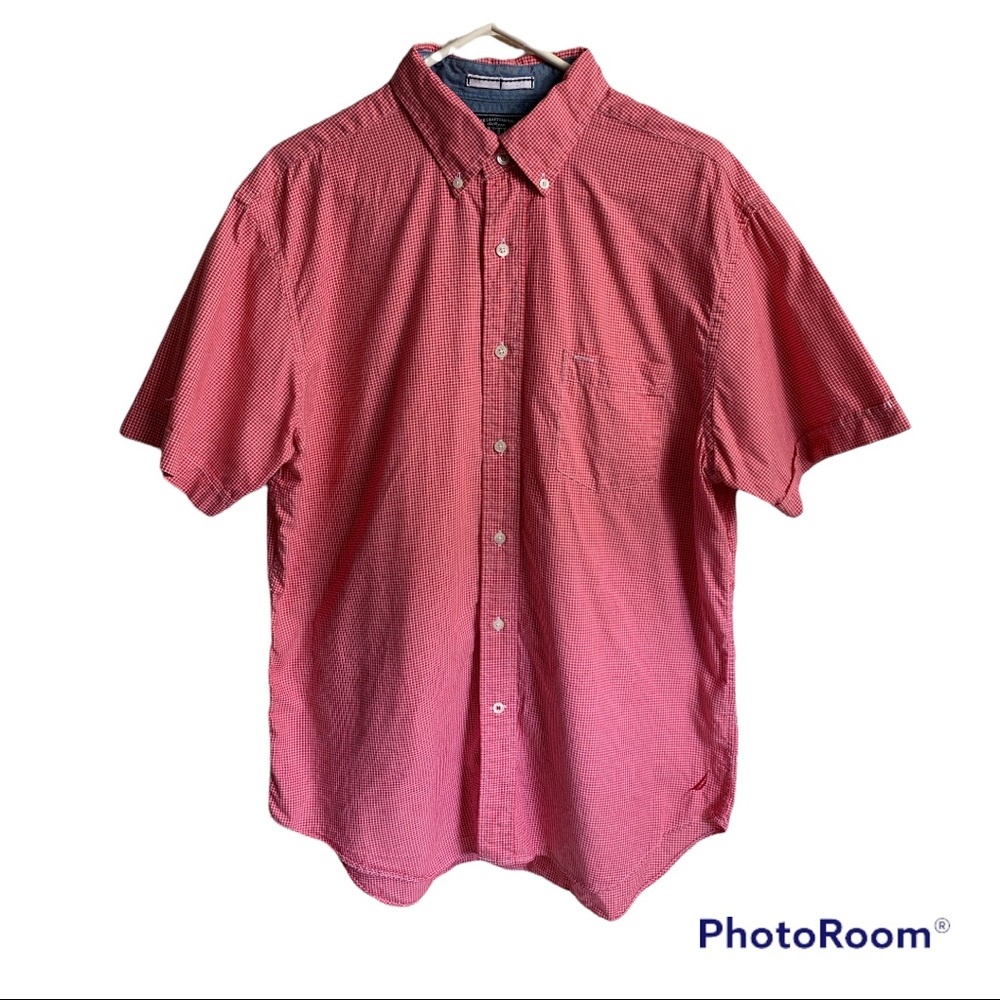 Nautica Men Shirt Large Short Sleeves Button Down Red Plaid